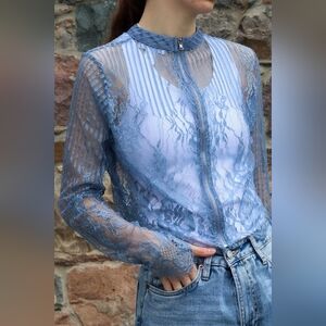 Romantic Sheer Lace Zip Blouse